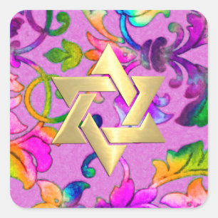 Bat Mitzvah Brightly Coloured Painted Damask Square Sticker