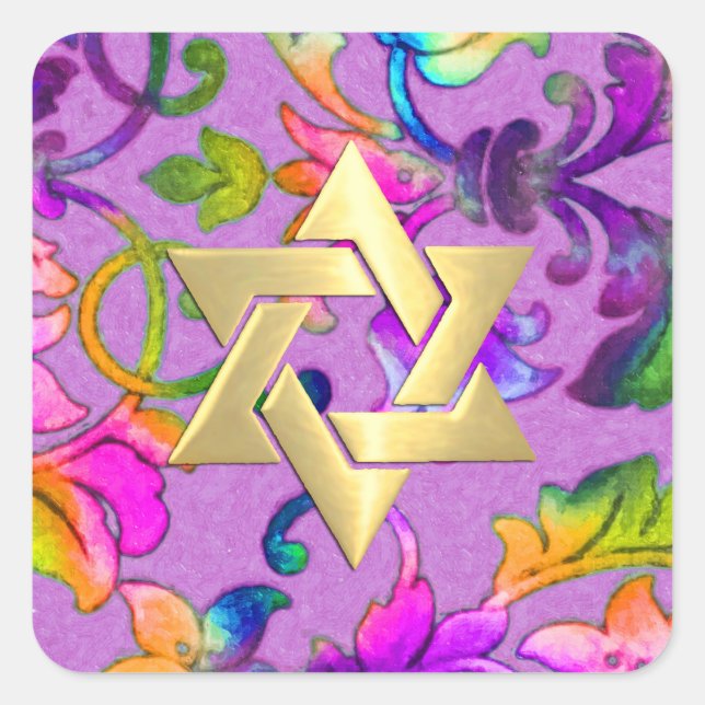 Bat Mitzvah Brightly Coloured Painted Damask Square Sticker (Front)