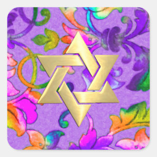 Bat Mitzvah Brightly Coloured Painted Damask Square Sticker
