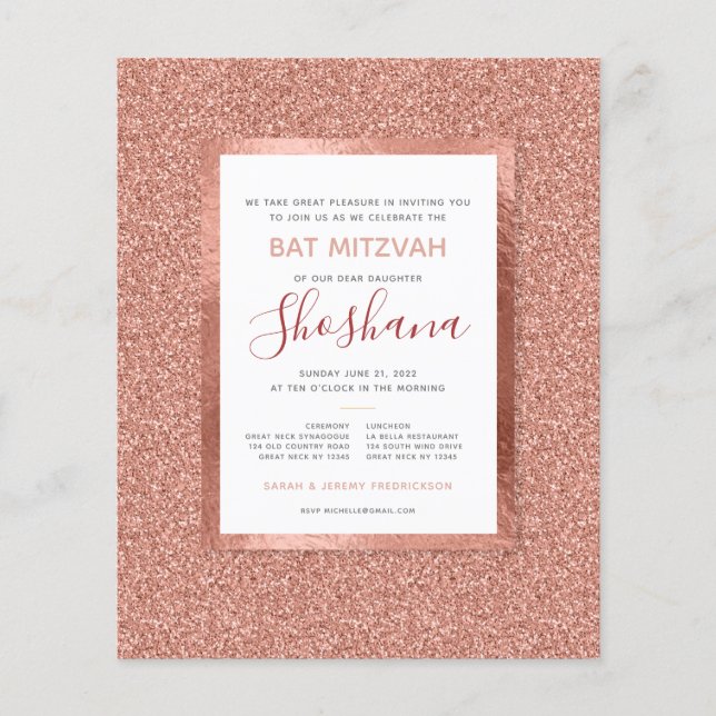 Bat Mitzvah Budget Rose Gold Glitter Invitation (Front)