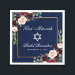 Bat Mitzvah Burgundy Blue Floral Gold Napkin<br><div class="desc">Bat Mitzvah Watercolor Burgundy Marsala Blue Floral Gold Frame Paper Napkin</div>