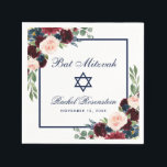 Bat Mitzvah Burgundy Blue Floral Napkin<br><div class="desc">Bat Mitzvah Watercolor Burgundy Marsala Blue Floral Paper Napkin</div>
