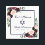 Bat Mitzvah Burgundy Blue Floral Napkin<br><div class="desc">Bat Mitzvah Watercolor Burgundy Marsala Blue Floral Paper Napkin</div>