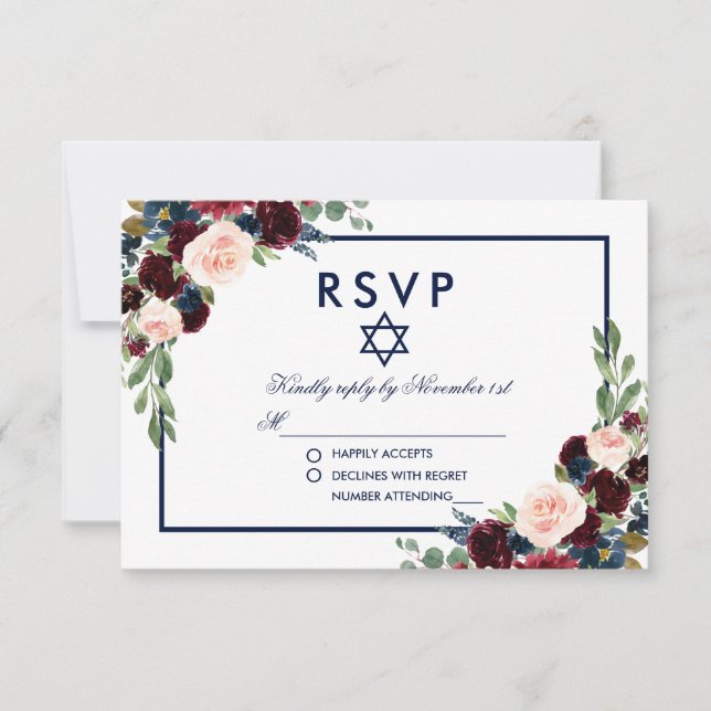 Bat Mitzvah Burgundy Blue Floral RSVP (Front)