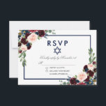 Bat Mitzvah Burgundy Blue Floral Silver RSVP<br><div class="desc">Watercolor Burgundy Marsala Blue  Floral Bat Mitzvah Silver RSVP Card</div>