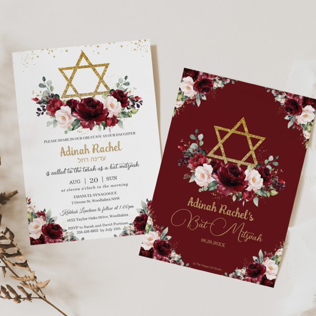 Bat Mitzvah Burgundy Blush Floral Gold Star Invitation (Creator Uploaded)