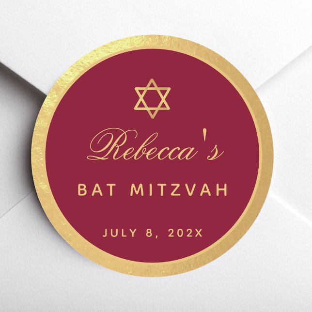 Bat Mitzvah Burgundy Faux Gold Elegant Calligraphy Classic Round Sticker (Creator Uploaded)