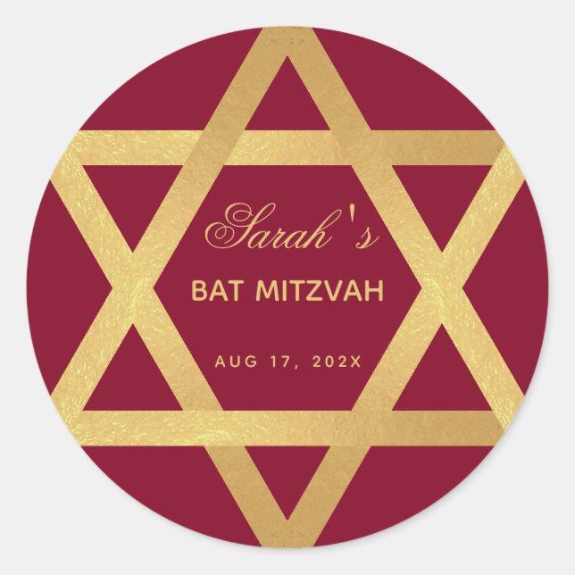 Bat Mitzvah Burgundy Faux Gold Foil Star of David Classic Round Sticker (Front)