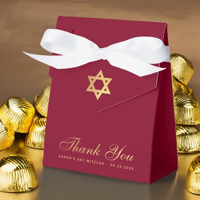 Bat Mitzvah Burgundy Faux Gold Foil Star Thank You Favour Box (Creator Uploaded)