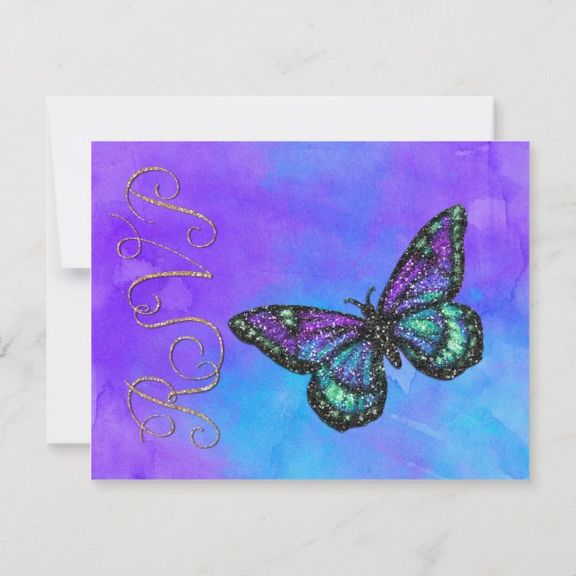 Bat Mitzvah Butterfly Purple and Turquoise Painted RSVP Card (Back)