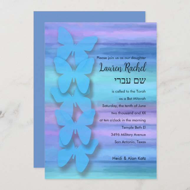 Bat Mitzvah Butterfly Turquoise Purple Watercolor Invitation (Front/Back)