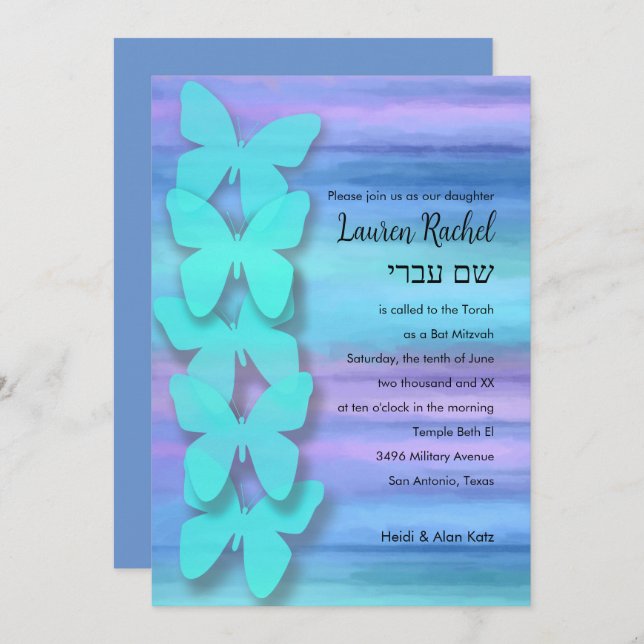 Bat Mitzvah Butterfly Turquoise Purple Watercolor Invitation (Front/Back)