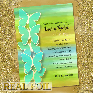 Bat Mitzvah Butterfly Watercolor Blue Green Yellow