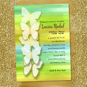 Bat Mitzvah Butterfly Watercolor Blue Green Yellow Invitation
