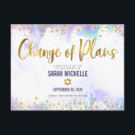 Bat Mitzvah Change of Plans Gold Purple Watercolor Invitation Postcard<br><div class="desc">Make sure all your friends and relatives will still be able to celebrate your daughter’s milestone Bat Mitzvah, regardless of current global unforeseen circumstances. Send out this stunning, modern, sparkly gold faux foil and glitter dots and typography script against soft purple watercolor background, personalised “Change of Plans” announcement postcard. Personalise...</div>