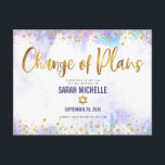 Bat Mitzvah Change of Plans Gold Purple Watercolor Invitation Postcard<br><div class="desc">Make sure all your friends and relatives will still be able to celebrate your daughter’s milestone Bat Mitzvah, regardless of current global unforeseen circumstances. Send out this stunning, modern, sparkly gold faux foil and glitter dots and typography script against soft purple watercolor background, personalised “Change of Plans” announcement postcard. Personalise...</div>