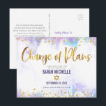Bat Mitzvah Change of Plans Gold Purple Watercolor Invitation Postcard<br><div class="desc">Make sure all your friends and relatives will still be able to celebrate your daughter’s milestone Bat Mitzvah, regardless of current global unforeseen circumstances. Send out this stunning, modern, sparkly gold faux foil and glitter dots and typography script against soft purple watercolor background, personalised “Change of Plans” announcement postcard. Personalise...</div>