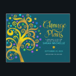Bat Mitzvah Change of Plans Gold Tree of Life Teal Invitation Postcard<br><div class="desc">Make sure all your friends and relatives will still be able to celebrate your daughter’s milestone Bat Mitzvah, regardless of current global unforeseen circumstances. Send out stunning, graphic faux gold foil tree with sparkly turquoise, teal, purple and blue Star of David and dot “leaves” on a rich dark teal blue...</div>