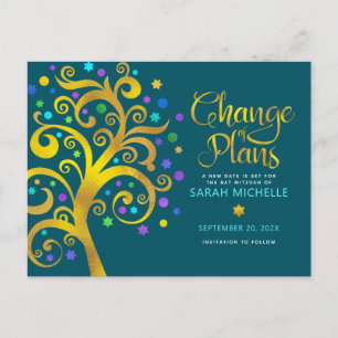 Bat Mitzvah Change of Plans Gold Tree of Life Teal Invitation Postcard