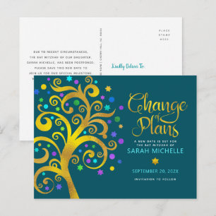 Bat Mitzvah Change of Plans Gold Tree of Life Teal Invitation Postcard