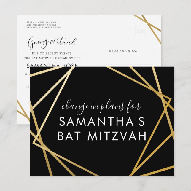 Bat Mitzvah Change of Plans Modern Gold Black Announcement Postcard (Front/Back)