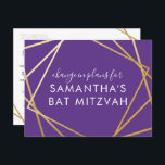 Bat Mitzvah Change of Plans Modern Gold Purple Announcement Postcard<br><div class="desc">Modern, trendy, and elegant purple and gold Bat Mitzvah postcard to announce a celebration or ceremony change in plans to a virtual event, with a modern abstract geometric squares border. Easily personalise this affordable "change the date or plans" postcard for your Virtual Bat Mitzvah with custom name, date, and details...</div>