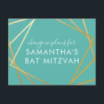 Bat Mitzvah Change of Plans Modern Gold Teal Announcement Postcard<br><div class="desc">Modern, trendy, and elegant teal turquoise blue-green and gold Bat Mitzvah postcard to announce a celebration or ceremony change in plans to a virtual event, with a modern abstract geometric squares border. Easily personalise this affordable "change the date or plans" postcard for your Virtual Bat Mitzvah with custom name, date,...</div>