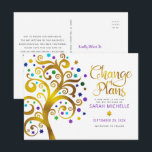 Bat Mitzvah Change Plans Gold Tree of Life Purple Invitation Postcard<br><div class="desc">Make sure all your friends and relatives will still be able to celebrate your daughter’s milestone Bat Mitzvah, regardless of current global unforeseen circumstances. Send out this stunning, graphic faux gold foil tree with sparkly turquoise, teal, purple and blue Star of David and dot “leaves” on a white background, personalised...</div>