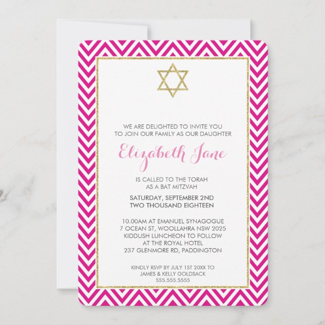 BAT MITZVAH chervon pattern gold glittery pink Invitation (Front)