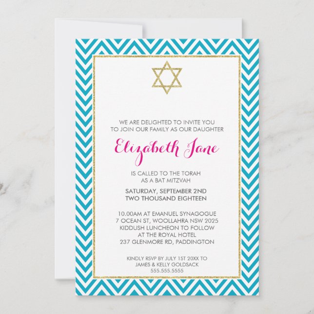 BAT MITZVAH chevron pattern gold glittery aqua Invitation (Front)