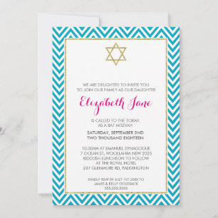BAT MITZVAH chevron pattern gold glittery aqua Invitation