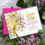 Bat Mitzvah Chic Gold Pink & Red Foil Tree of Life Save The Date<br><div class="desc">Make sure all your friends and relatives will be able to celebrate your daughter’s milestone Bat Mitzvah! Send out this stunning, graphic faux gold foil tree with sparkly pink, orange, and red Star of David and dot “leaves” on a white background, personalised “Save the Date” announcement card. A tiny, dark...</div>