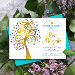 Bat Mitzvah Chic Turquoise Gold Foil Tree of Life Invitation<br><div class="desc">Be proud, rejoice and showcase this milestone of your favourite Bat Mitzvah! This graphic faux gold foil tree with sparkly turquoise, teal, purple and blue Star of David and dot “leaves” on a white background is the perfect invitation for this special occasion. A tiny, light turquoise blue Star of David...</div>