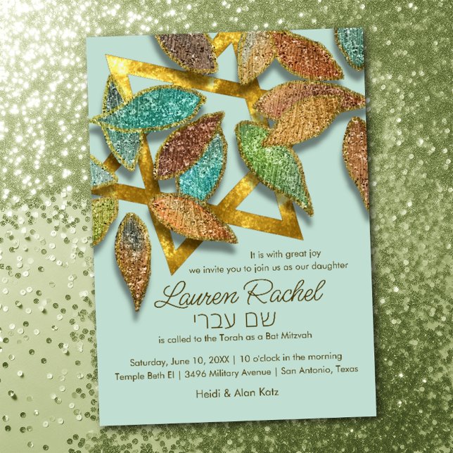 Bat Mitzvah Colourful Glittery Petals Aqua Brown Invitation (Creator Uploaded)