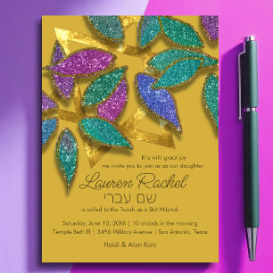 Bat Mitzvah Colourful Glittery Petals over Star Invitation