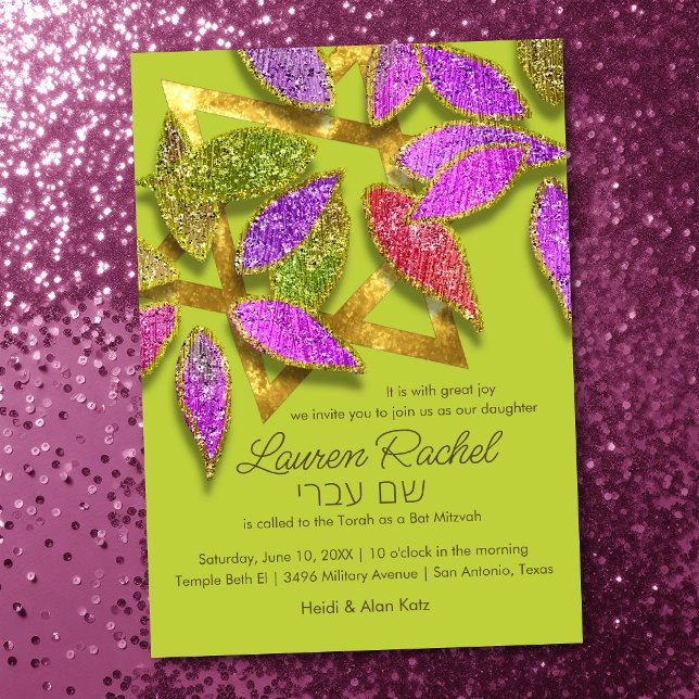 Bat Mitzvah Colourful Glittery Petals over Star Invitation (Creator Uploaded)