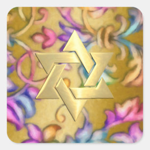 Bat Mitzvah Colourful Painted Damask Gold and Pink Square Sticker