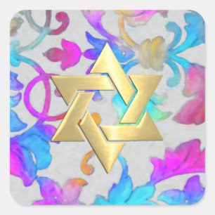 Bat Mitzvah Colourful Painted Damask Pink Turquois Square Sticker