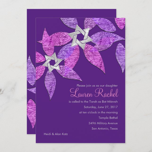 Bat Mitzvah Colourful Petals Pink and Purple Invitation (Front/Back)