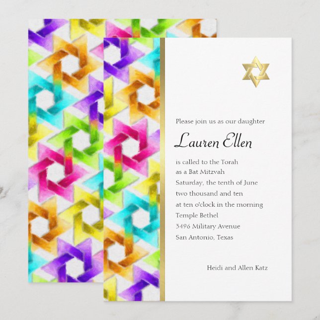 Bat Mitzvah Colourful Star Damask Invitation (Front/Back)