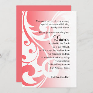 Bat Mitzvah Coral Pink White Contemporary Swirls Invitation