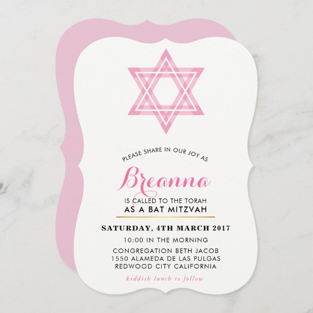 BAT MITZVAH cute modern tween star of david pink Invitation (Front/Back)