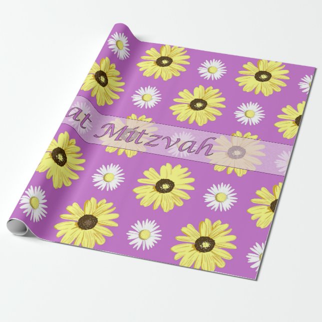 Bat Mitzvah Daisies Radiant Orchid Wrap Paper (Unrolled)