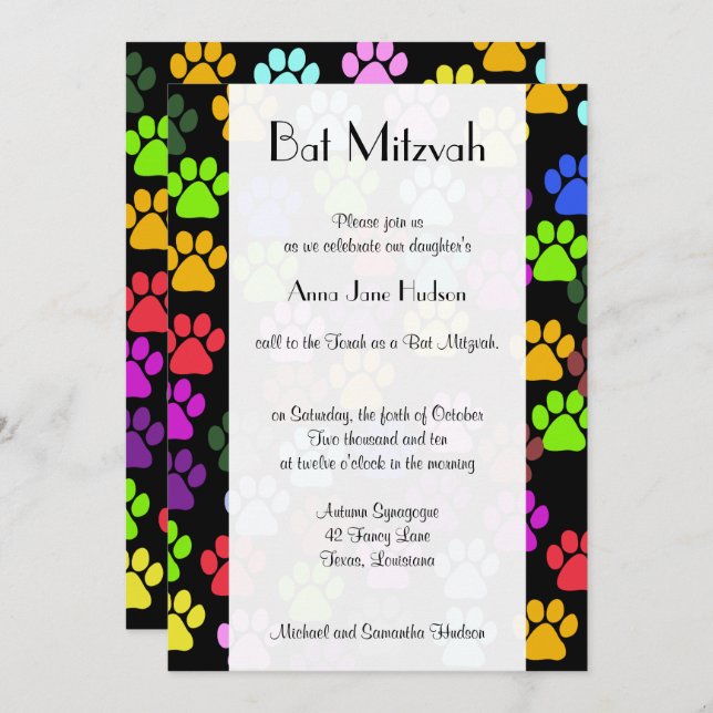 Bat Mitzvah - Dog Paws, Paw-prints - Blue Green Invitation (Front/Back)