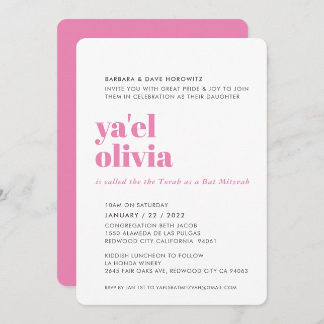BAT MITZVAH easy modern minimal pink grey Invitation (Front/Back)