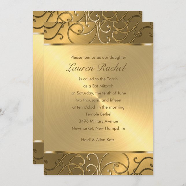 Bat Mitzvah Elegant All Gold Filigree Invitation (Front/Back)