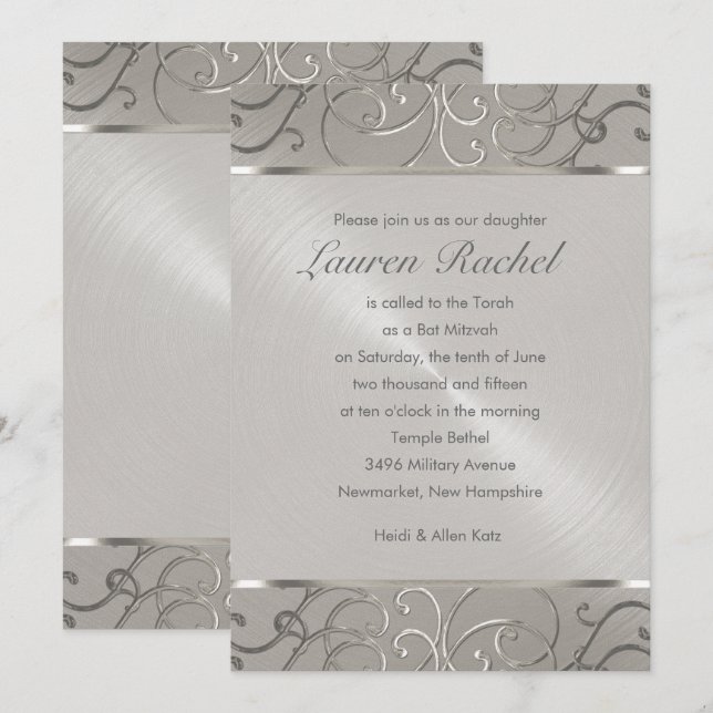 Bat Mitzvah Elegant All Silver Filigree Swirls Invitation (Front/Back)