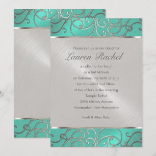 Bat Mitzvah Elegant Aqua Green Silver Filigree Invitation