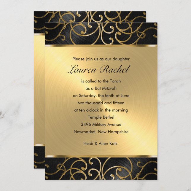 Bat Mitzvah Elegant Black and Gold Filigree Invitation (Front/Back)