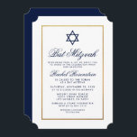 Bat Mitzvah Elegant Blue Gold Invitation<br><div class="desc">Bat Mitzvah Blue and Gold Invitation Card - Ticket Style</div>